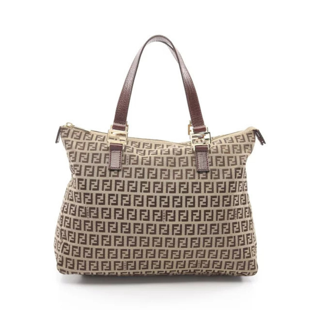 Fendi Zucchino Tote Bag Canvas Leather Beige Cream Brown